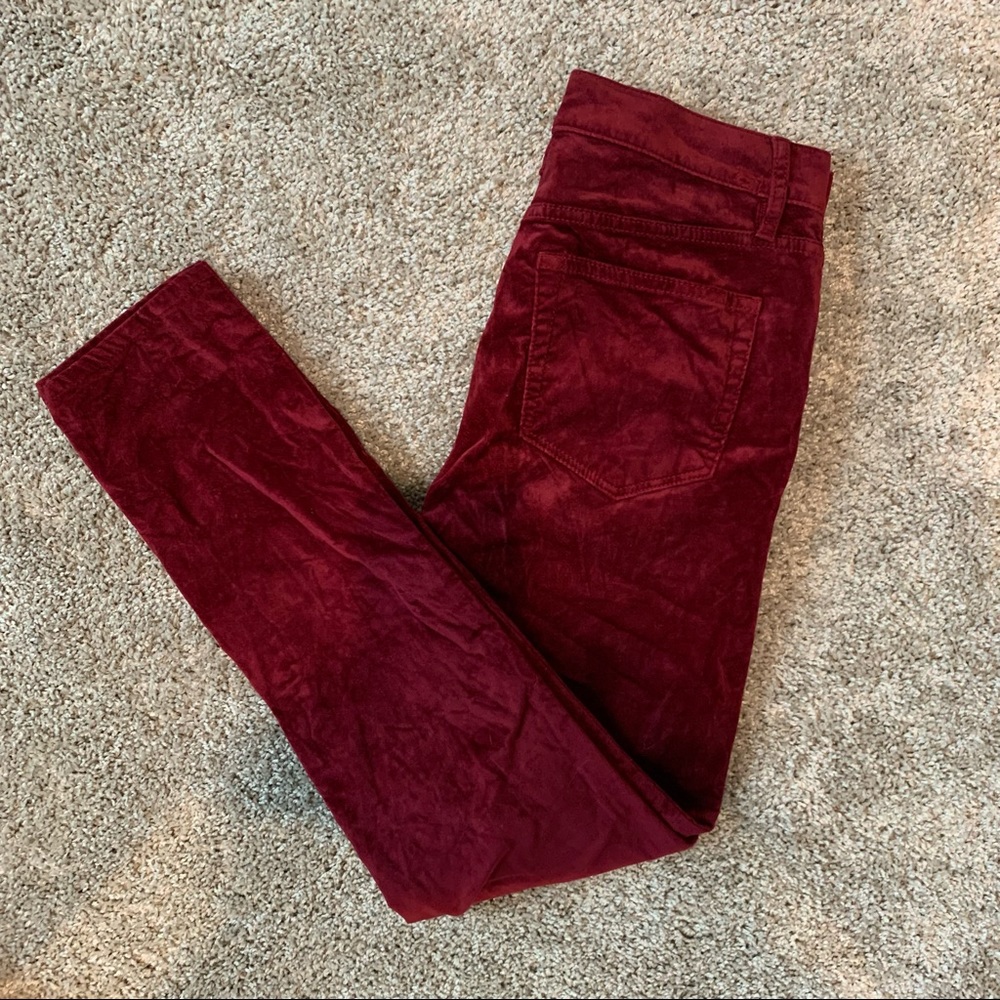 LOFT Dark Red Crushed Velvet Skinny Pants